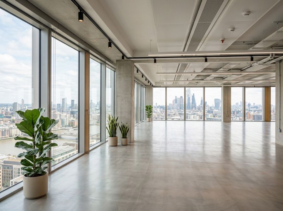 Planta de oficina diáfana con ventanales